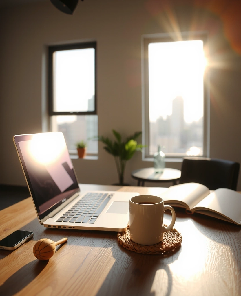 A minimalist workspace in a Bogotá apartment with natural light streaming in.
