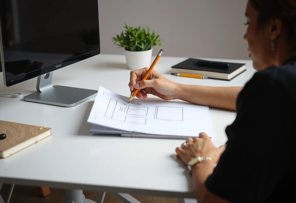 Close-up of a designer's hands sketching a wireframe